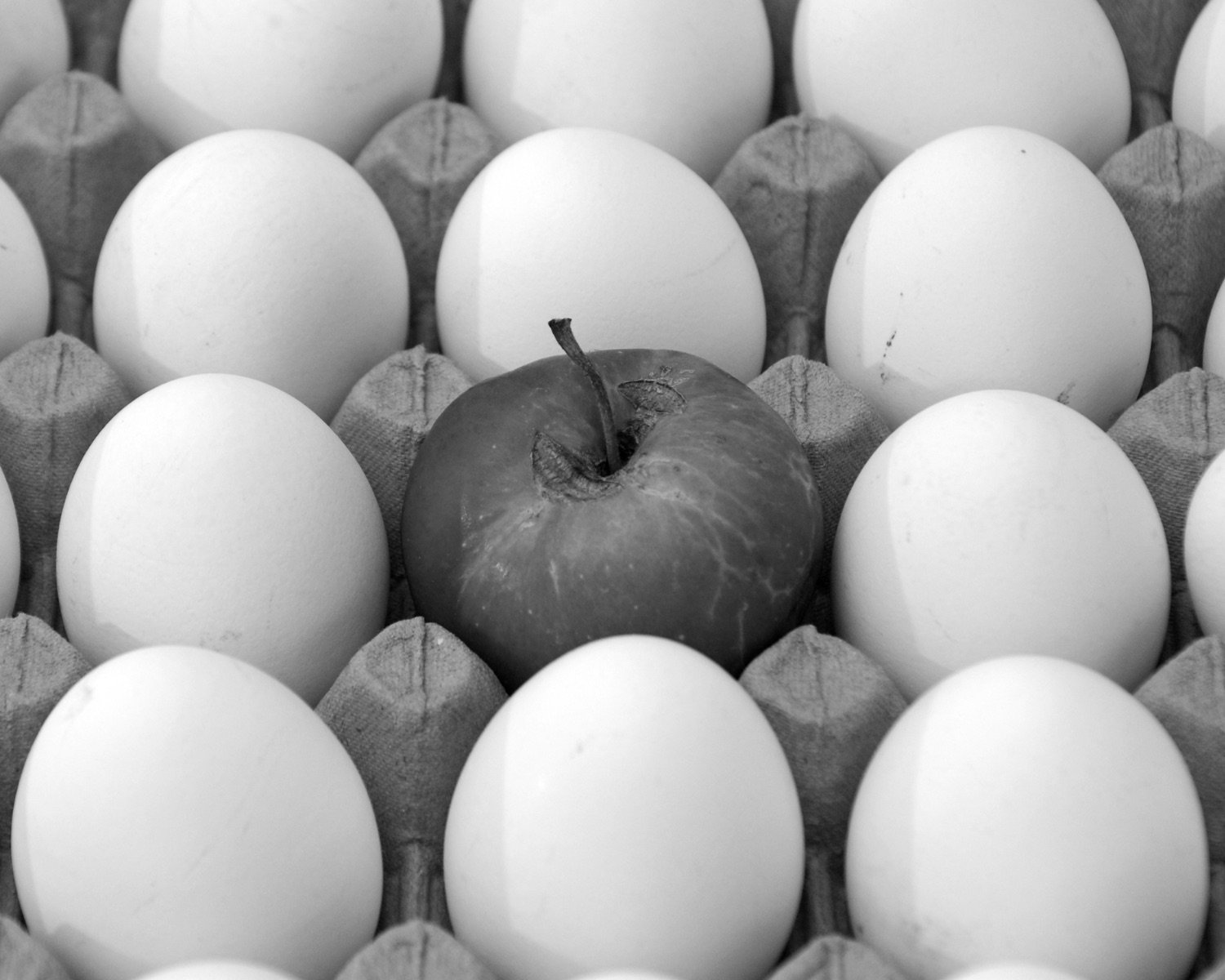 A single darker apple standing out among a carton of white eggs